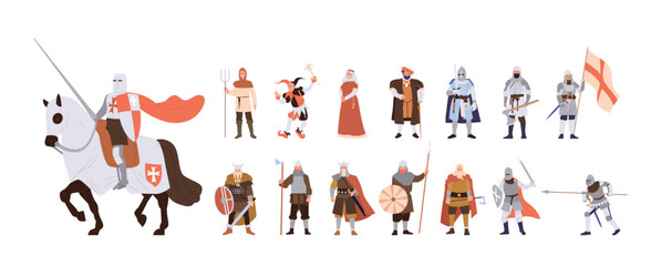 Medieval people cartoon characters set with knights, peasant, jester, nun, warrior, rich lord - obrazy, fototapety, plakaty