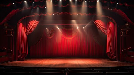 A stage draped with red curtains and spotlights