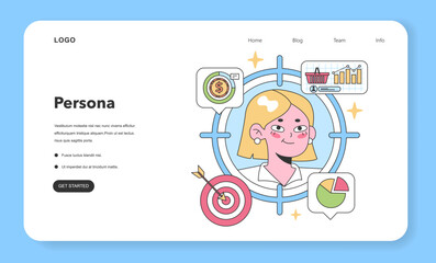 Persona concept. A blonde woman surrounded by marketing symbols, indicating financial goals, customer shopping behavior, sales analytics, and target achievement. Understanding buyer demographics