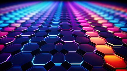 Abstract futuristic background with hexagons and colorful neon lights. 