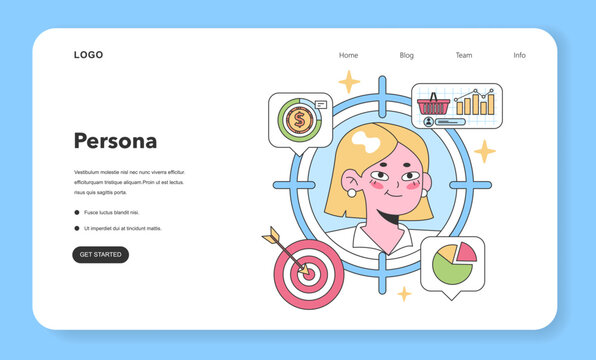 Persona concept. A blonde woman surrounded by marketing symbols, indicating financial goals, customer shopping behavior, sales analytics, and target achievement. Understanding buyer demographics