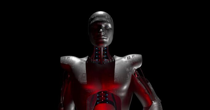 Strong AI Cyborg Robot Confidently Walking. Luma Channel Is Included. Technology Related 3D Animation.