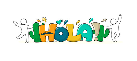 Spanish word hello with happy little people. © sapunkele