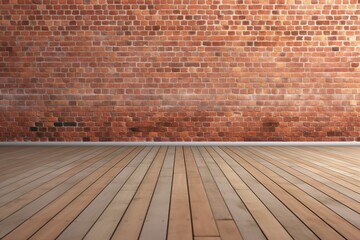 empty room with red brick wall and wooden floor. generative ai.