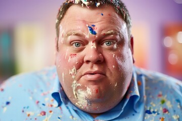 Fat man, his face stained with splashes of gourmet food, and junk food.