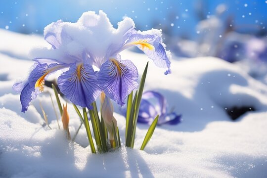 algerian iris on the snowy meadow