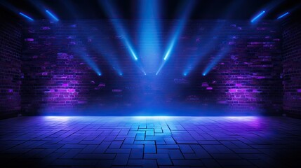 wall texture pattern, blue, and purple background, an empty dark scene, laser beams, neon, spotlights reflection on the floor, and a studio room for display products.