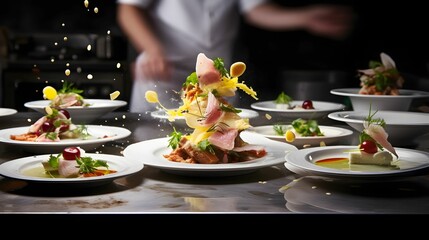 Gourmet chef crafting culinary masterpieces on plates, with a rich golden palette and meticulous precision, bokeh photo in background 