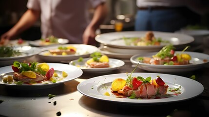 Gourmet chef crafting culinary masterpieces on plates, with a rich golden palette and meticulous precision, bokeh photo in background 