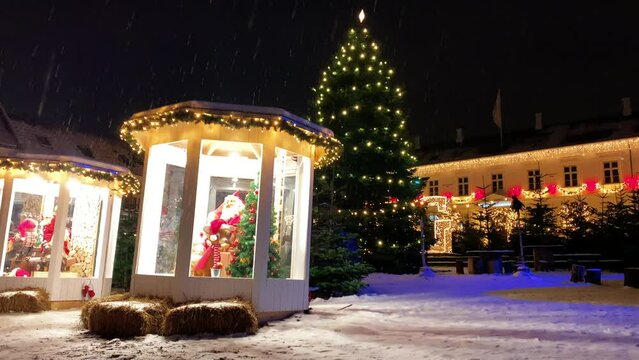 Copenhagen decorated for Christmas holidays, Denmark, Viborg, Shopping street in historical center of Aarhus decorated for New Year holidays, Pedestrians Christmas shopping on Stroget at night.
