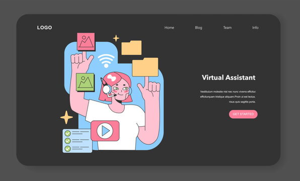 Engaged virtual assistant manages multimedia elements. She juggles images, videos, and data while maintaining seamless connectivity. Multitasking in a digital age. Flat vector illustration