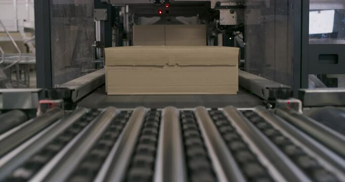 Close up of boxes moving on conveyor in a packaging line system