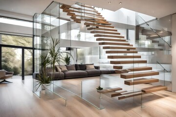 A floating staircase with transparent glass balustrades