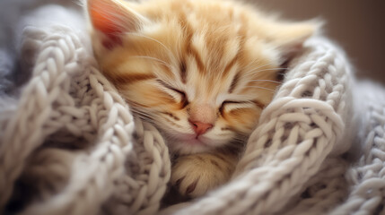 A cute little fluffy kitten sleeps in a cozy knitted blanket.