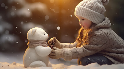 Happy little beautiful girl makes a snowman in the park, winter snowy landscape. Golden hour, sunset.