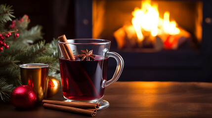 A Christmas glass of mulled wine decorated with a cinnamon stick and star anise on the background of a burning fireplace. Cozy evening mood of a country house.