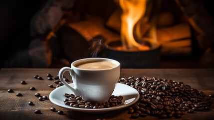 A cup of hot aromatic coffee against the backdrop of a burning fireplace, coffee beans scattered around. Cozy evening mood of a country house.