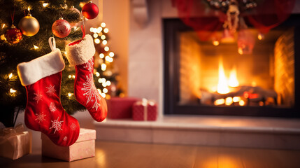 Red Christmas stockings hang on the fireplace. In the background there is a Christmas tree and gifts.
