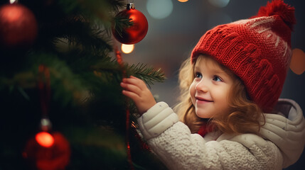 Happy little cute girl decorating a Christmas tree.