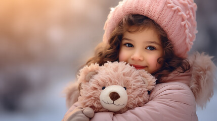 Little cute girl hugs a teddy bear. In the background there is a winter snowy landscape.