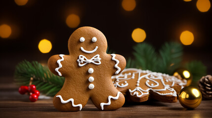 Christmas gingerbread man with Christmas tree branches. Blurred background with bokeh.
