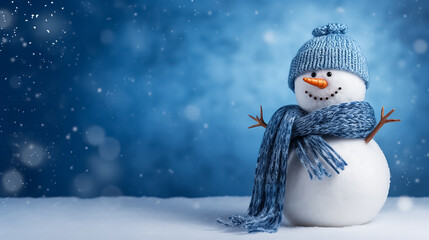 Cute knitted snowman in a hat and scarf on an isolated blue background with copyspace. Header for a website.