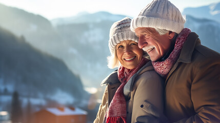 Happy elderly couple in love against the backdrop of Mountain winter snowy landscape. Close-up shot.