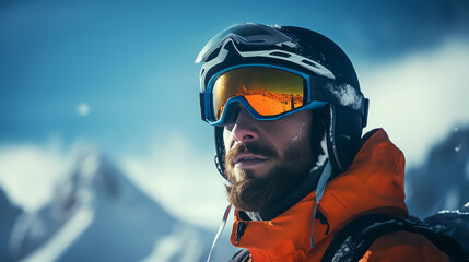 Professional skier man against the backdrop of a mountain winter snowy landscape. Close-up shot.