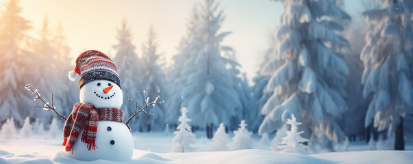 Winter background with a snowman in a winter snowy forest. New Year header for a website with Copy space.