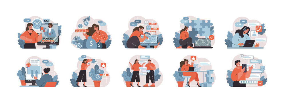 Workplace scenarios set. A collection of illustrations depicting professionals in various business interactions, from meetings and presentations to financial planning. Flat vector.