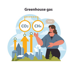 Woman showcasing greenhouse gas emissions with CO2 and CH4 symbols. Urban landscape indicating major contributors. Educating on climate impact. Flat vector illustration.