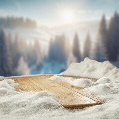 Wooden desk of free space for your decoration and winter landscape. Christmas time in mountains....