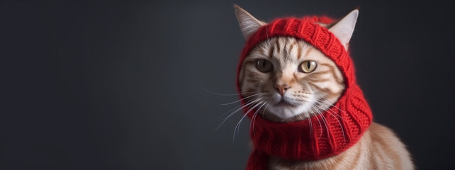 A cat in a red scarf and hat. AI Generated