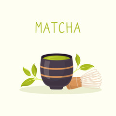 Matcha tea poster. Set of traditional cup, whisk, tea leaves in flat style. Tools for Japanese matcha tea ceremony.