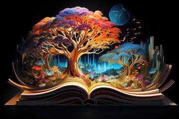 an open book with trees and a forest