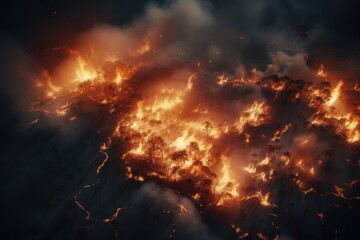 Aerial view of a forest fire with trees in flames - obrazy, fototapety, plakaty