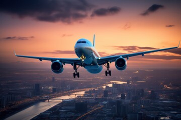 Fototapeta na wymiar Airplane In Flight At Twilight With Blurred Cityscape