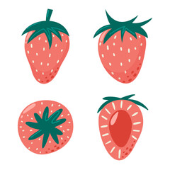 Strawberry collection in flat hand drawn style, vector illustration set. Slices and whole berry, graphic design elements. Cartoon vitamin summer harvest.