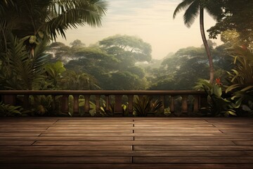 An empty wooden terrace featuring with a tropical tree garden - obrazy, fototapety, plakaty