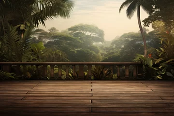 Rolgordijnen An empty wooden terrace featuring with a tropical tree garden © Celina