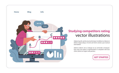 Competitor ratings exploration concept. Marketer analyzing performance metrics and customer ratings to strategize business positioning. Detailed market study visual. Flat vector illustration.