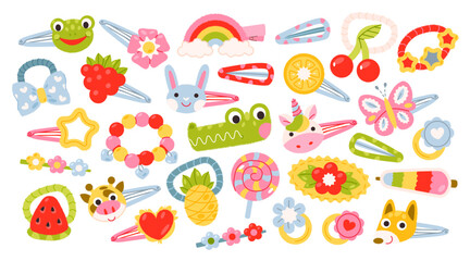 Fototapeta premium Jewelry for baby girl. Kids jewelry set. Cute hairpins, elastic bands, rings, bracelets. Flat vector illustration. 