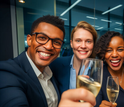 Happy employees gather to celebrate the holiday in the workplace.