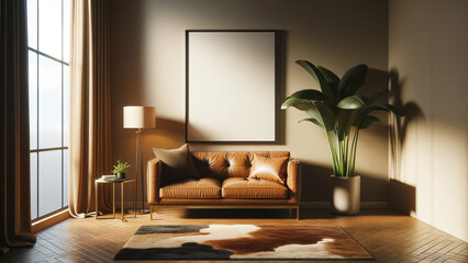 Modern living room interior with elegant leather sofa, artwork frame mockup hanging on the wall, empty frame on wall for art, green plant accent, cozy home design with natural light, chic urban home