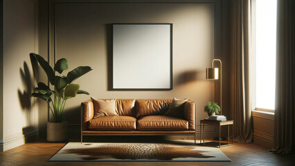 Modern living room interior with elegant leather sofa, artwork frame mockup hanging on the wall, empty frame on wall for art, green plant accent, cozy home design with natural light, chic urban home