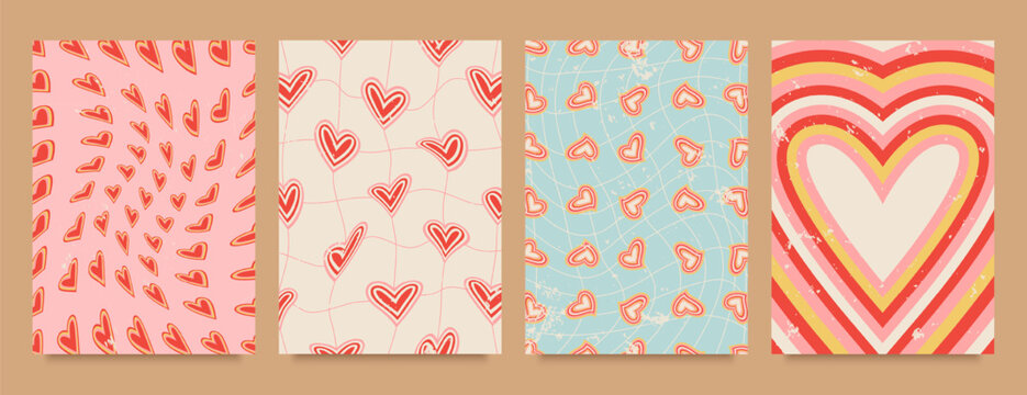 Set postcard, poster, cover, Valentines Day background. Ornament from hearts. Retro style 60s, 70s. - Powered by Adobe