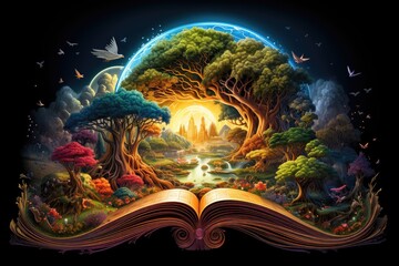 Open book with a rainbow and colorful flowers and trees.