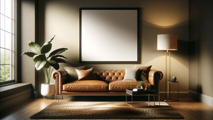 Modern living room interior with elegant leather sofa, artwork frame mockup hanging on the wall, empty frame on wall for art, green plant accent, cozy home design with natural light, chic urban home