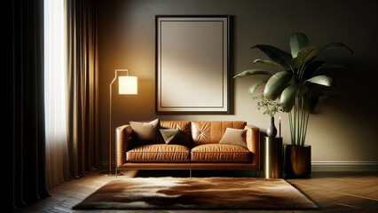 Modern living room interior with elegant leather sofa, artwork frame mockup hanging on the wall, empty frame on wall for art, green plant accent, cozy home design with natural light, chic urban home