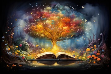 Open book with a rainbow tree